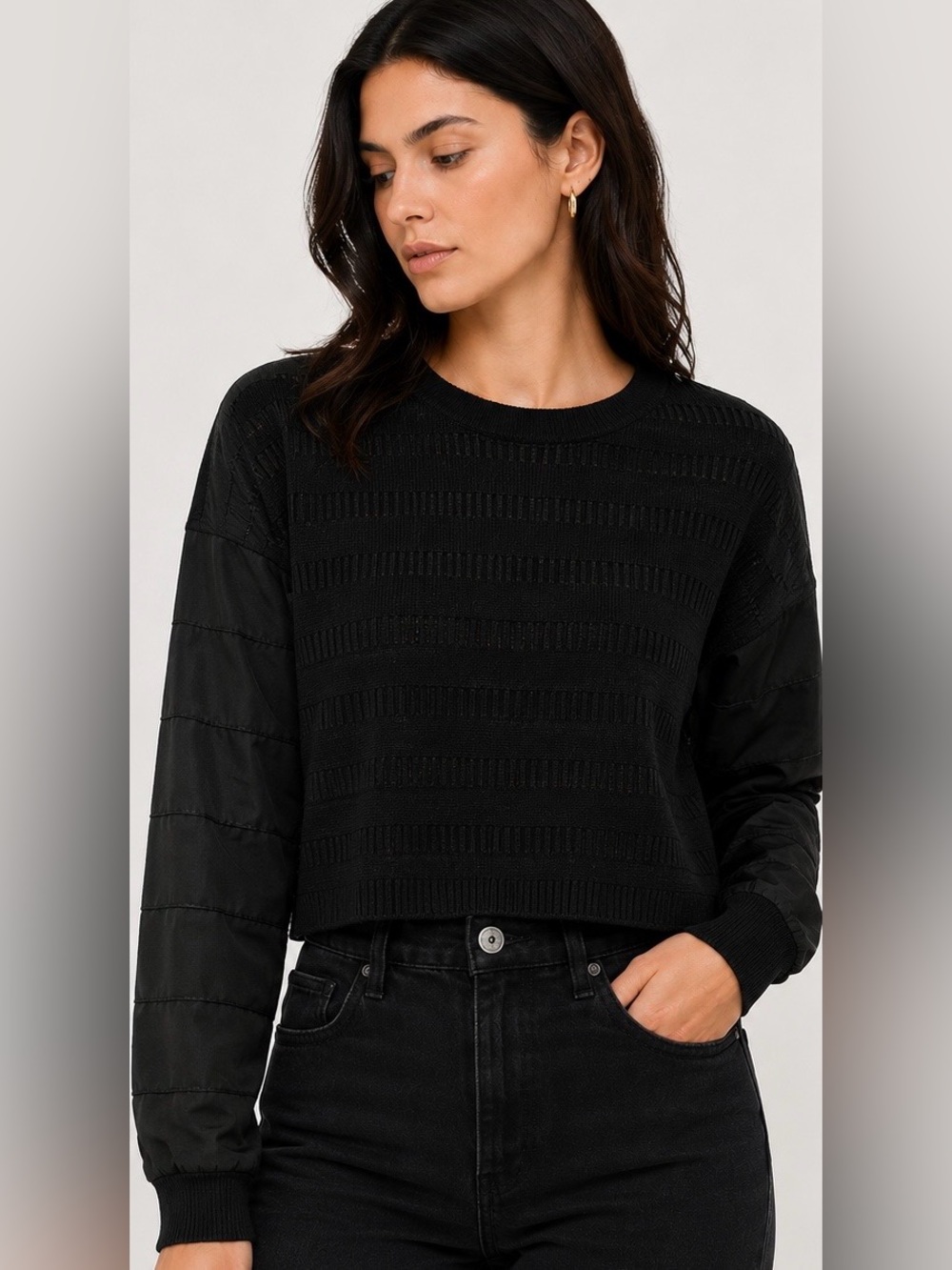 Club Monaco Black Cropped Mixed Media Textured Top Sweater M